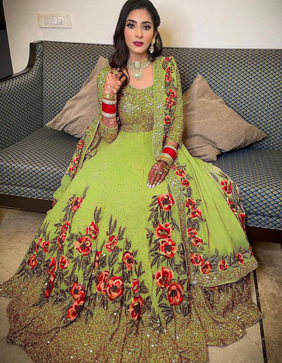 Light Green Georgette Embroidery Partywear Gown