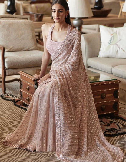 Light Pink Georgette Sequin Work Partywear Saree