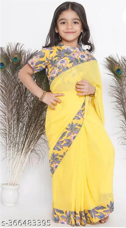 Floral print ready to wear saree and Floral blouse - Yellow