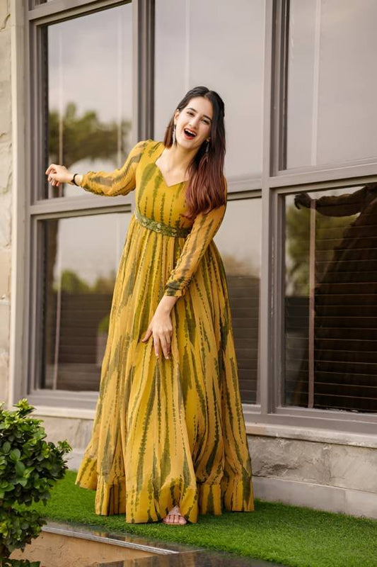 MAMADEV Women Gown Yellow, Dark Green Dress