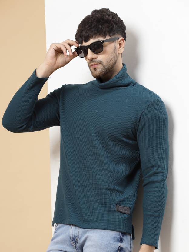 Men Solid Turtle Neck Pure Cotton Green T-Shirt