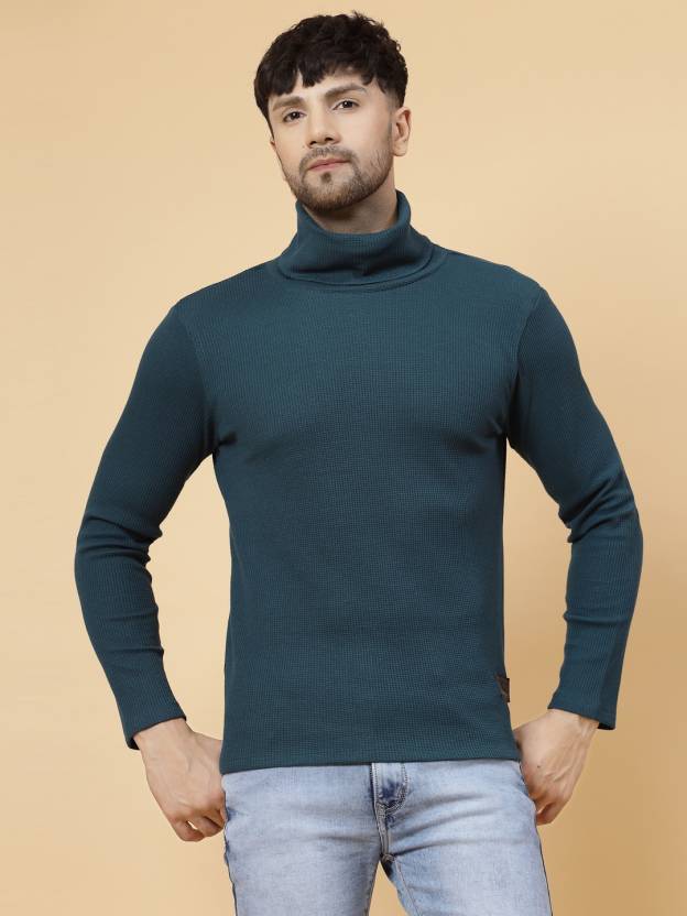 Men Solid Turtle Neck Pure Cotton Green T-Shirt