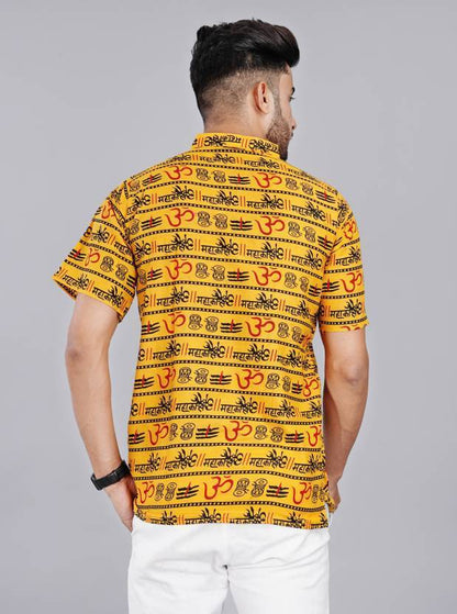 Men Typography Mandarin Collar Cotton Blend Yellow T-Shirt