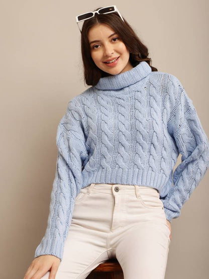 Women Solid High Neck Blue Sweater