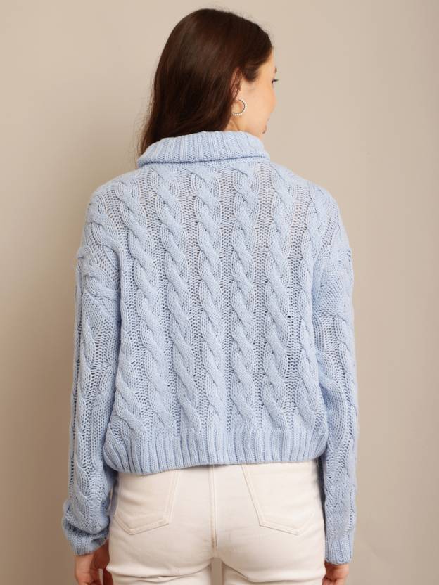 Women Solid High Neck Blue Sweater