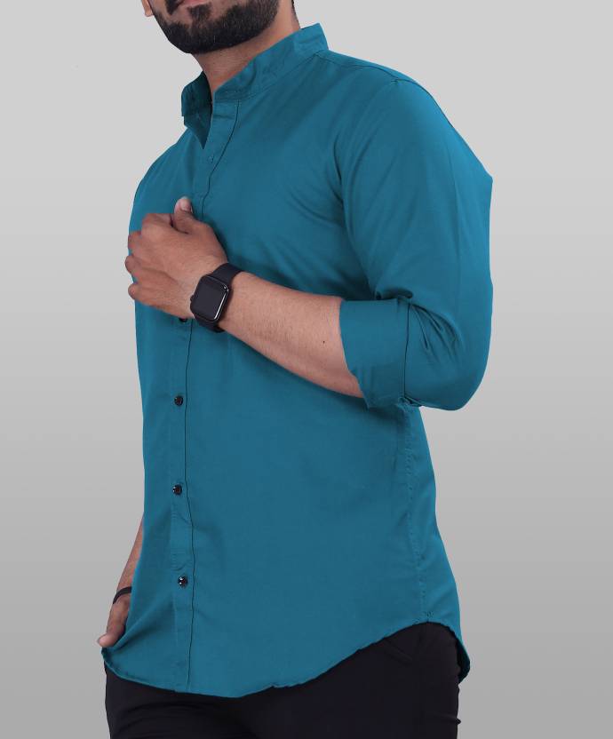 Men Regular Fit Solid Mandarin Collar Casual Shirt