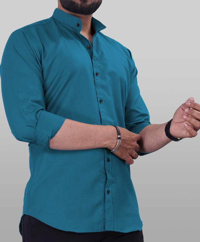 Men Regular Fit Solid Mandarin Collar Casual Shirt