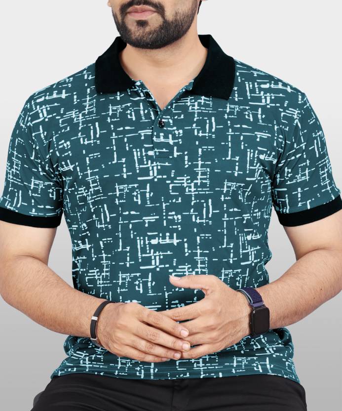 Men Printed Polo Neck Polyester Blue T-Shirt