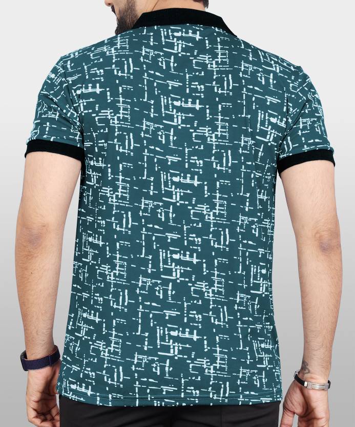 Men Printed Polo Neck Polyester Blue T-Shirt