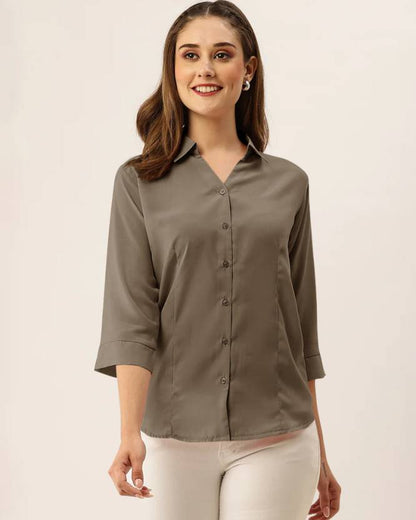 DIGIVEENAL Women Solid Regular Full Sleeve Cotton Blend Shirt