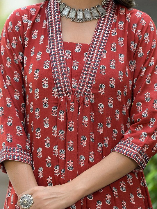 Floral Printed Thread Work A-Line Kurta With Trousers & Dupatta