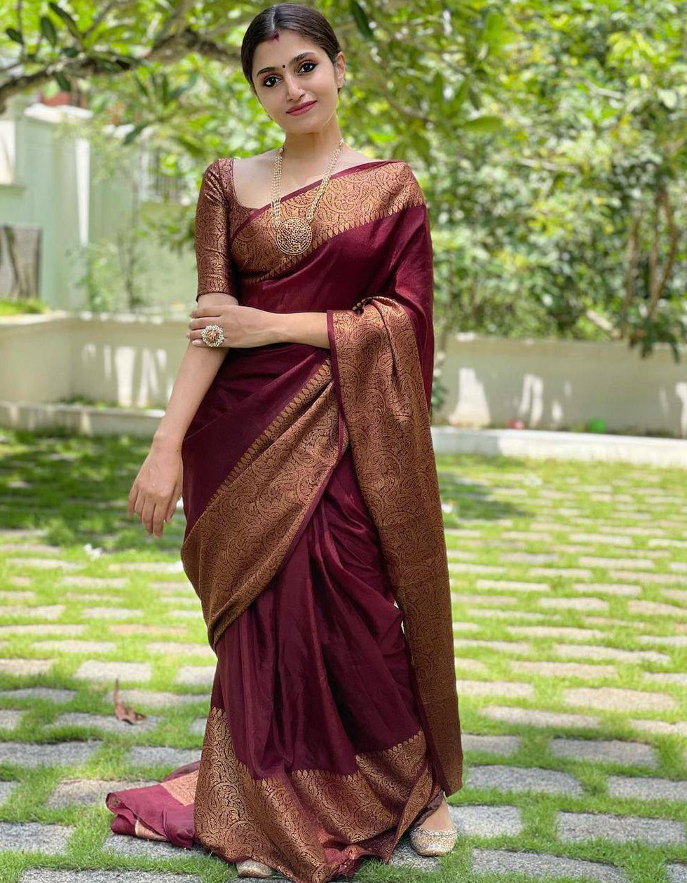 Maroon Lichi Silk Jari Border Saree