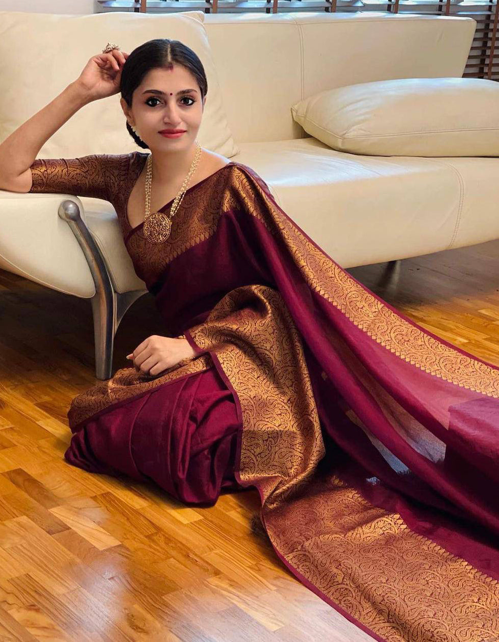 Maroon Lichi Silk Jari Border Saree