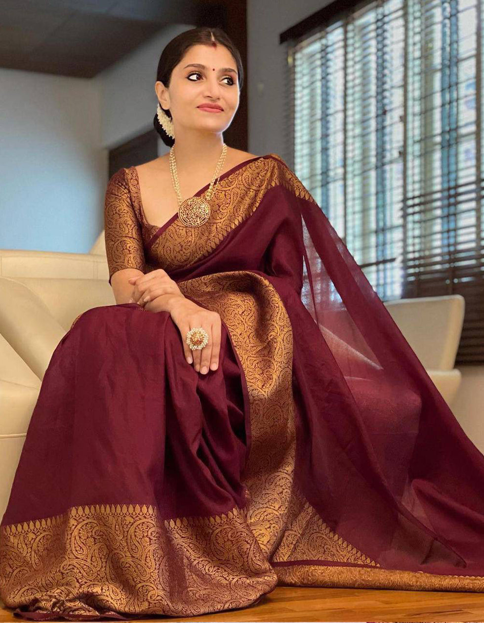 Maroon Lichi Silk Jari Border Saree