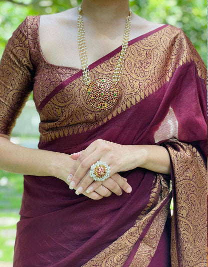 Maroon Lichi Silk Jari Border Saree