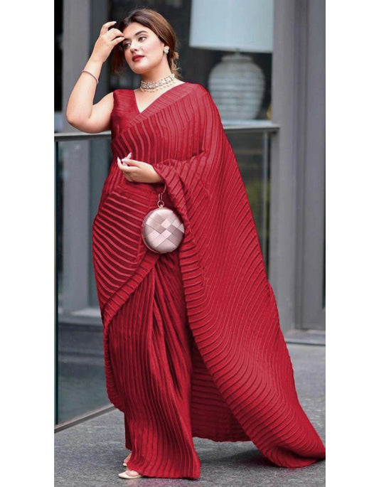 Maroon Pleated Georgette Saree With Silk Blouse