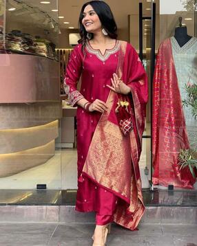 Women Embroidered Straight Kurta Set with Dupatta