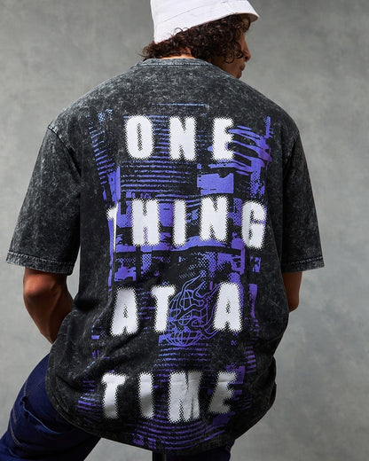 Men's Black One Thing Typography Oversized Acid Wash T-shirt