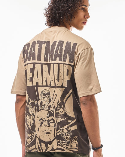 Men's Brown Batman Teamup Graphic Printed Oversized T-shirt