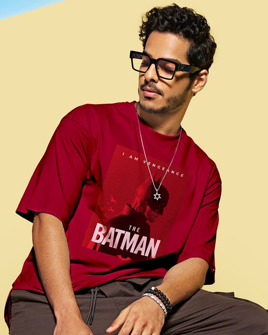 Men's Red The Batman Graphic Printed Oversized T-shirt