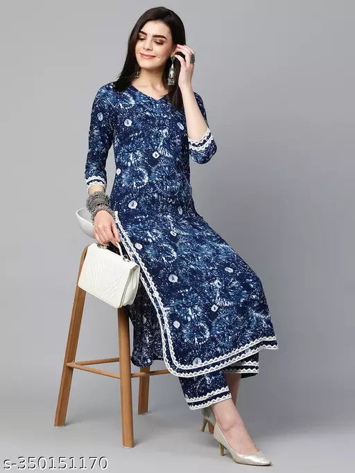 Women's Blue Cotton Blend Printed Straight Kurta With Palazzos