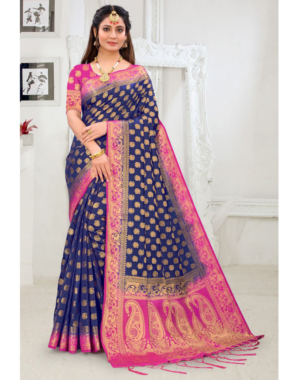 Navy Blue Lichi Silk Jari Work Saree For Women