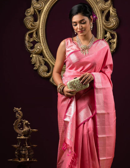 Light Pink Lichi Silk Wedding Wear Saree