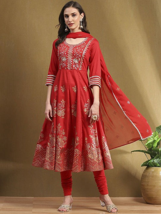 Women Embroidered Anarkali Kurta With Churidar & Dupatta