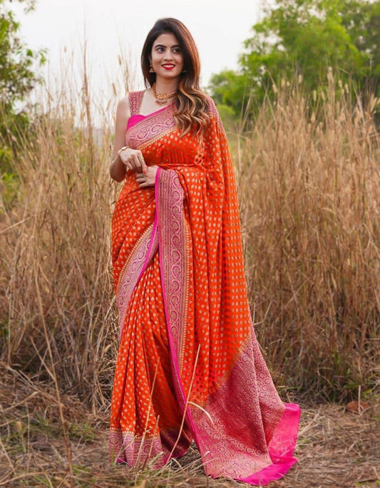 Orange And Pink Lichi Silk Zari Work Saree