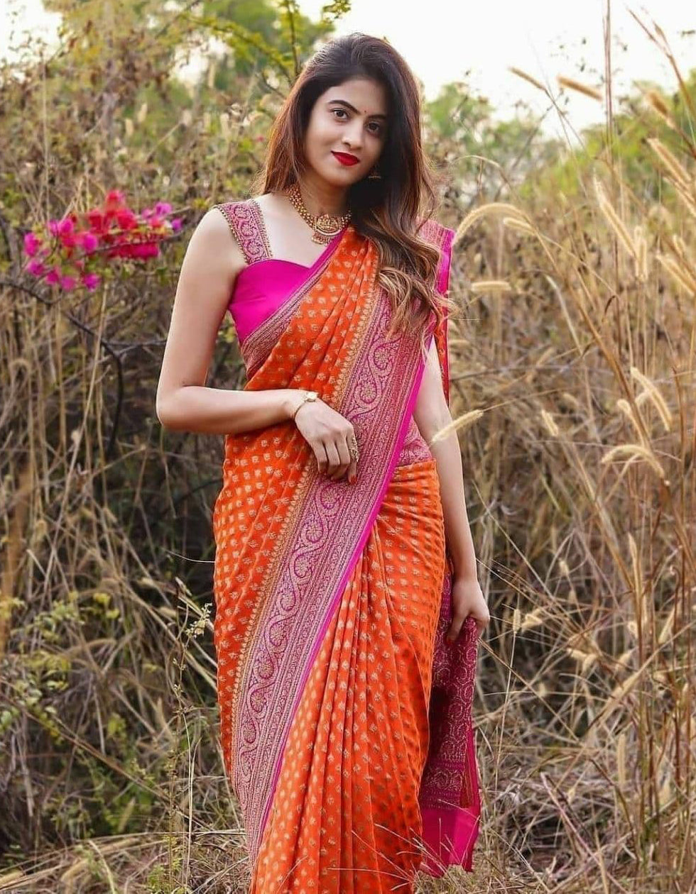 Orange And Pink Lichi Silk Zari Work Saree