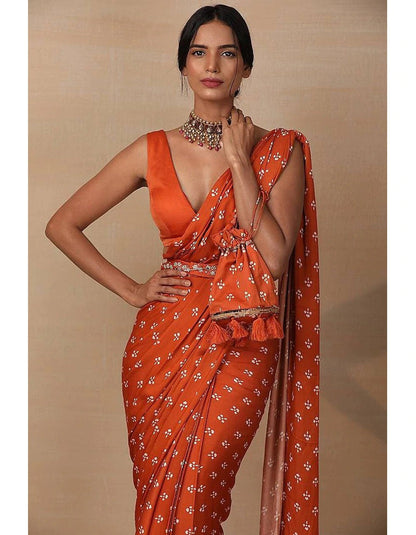 Orange Satin Silk Wedding Saree With Waist Belt