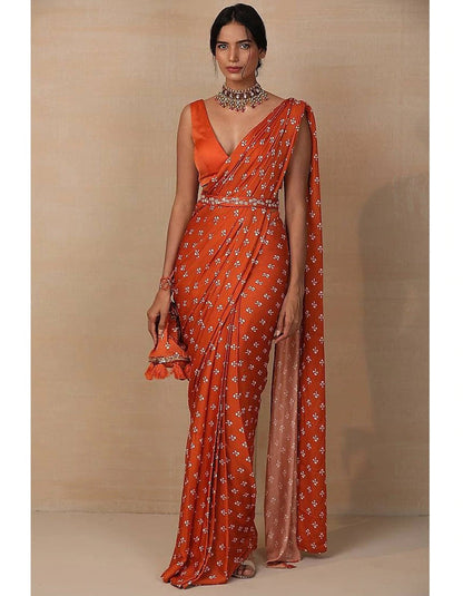 Orange Satin Silk Wedding Saree With Waist Belt