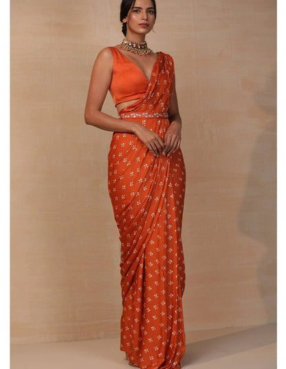 Orange Satin Silk Wedding Saree With Waist Belt