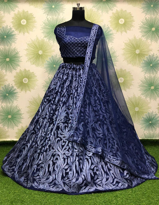 Navy Blue Net Embroidery Partywear Lehenga Choli