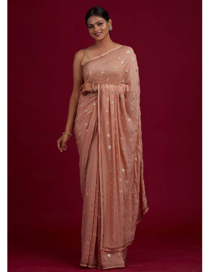 Peach Chinon Silk Embroidery Work Partywear Saree