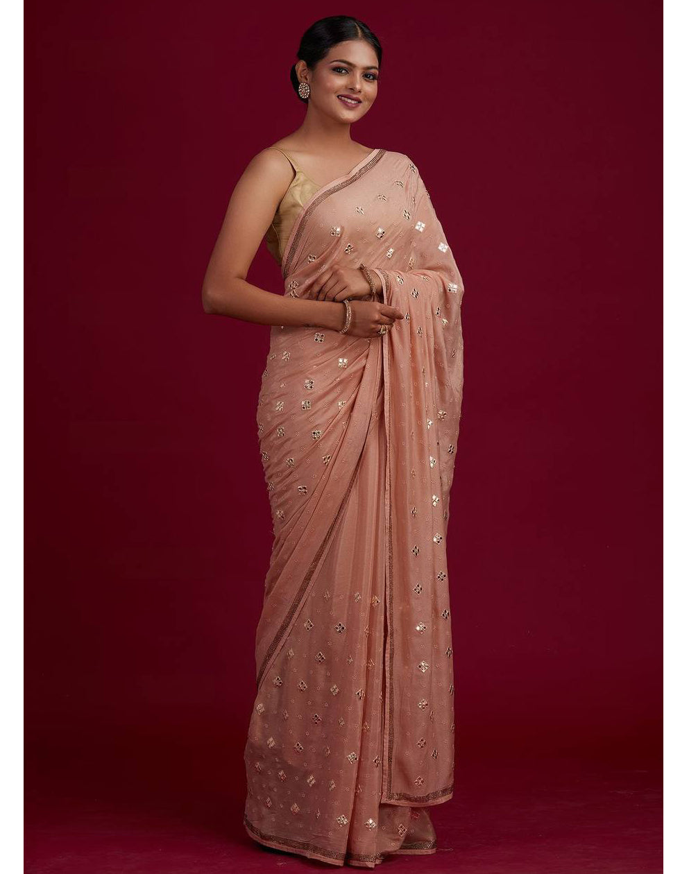 Peach Chinon Silk Embroidery Work Partywear Saree