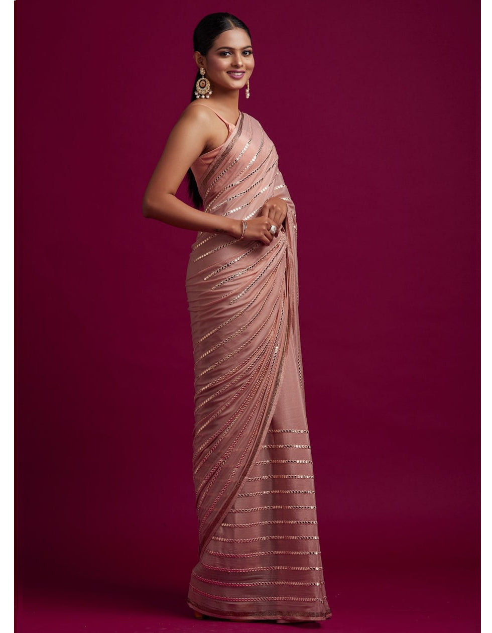 Peach Rangoli Silk Sequin Work Saree