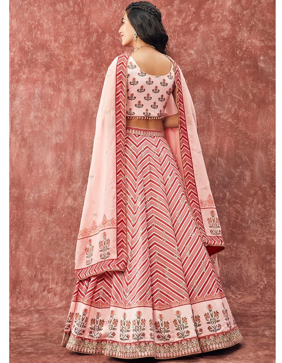 Peach Satin Silk Digital Printed Partywear Lehenga Choli