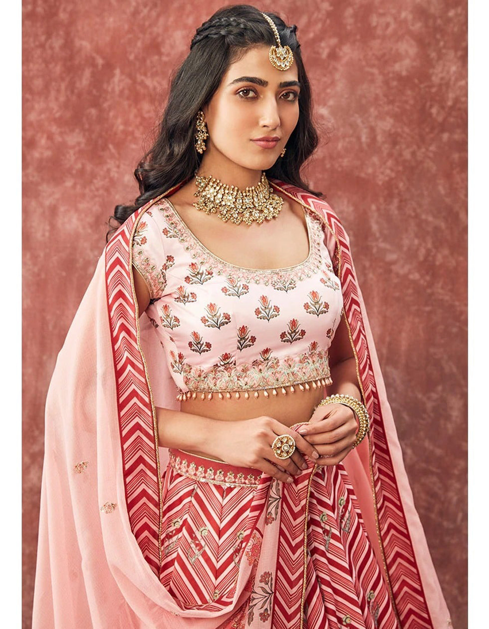 Peach Satin Silk Digital Printed Partywear Lehenga Choli