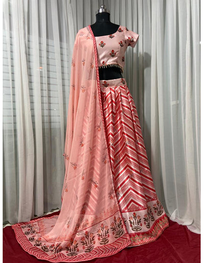 Peach Satin Silk Digital Printed Partywear Lehenga Choli