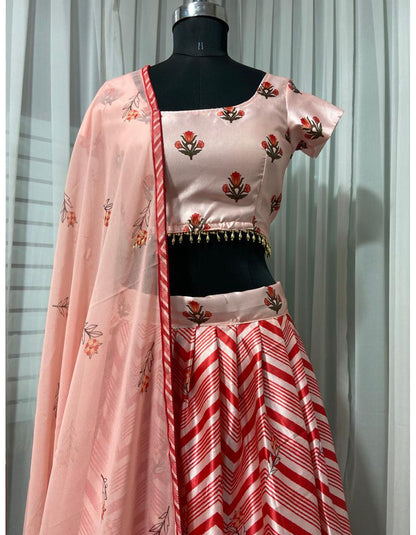 Peach Satin Silk Digital Printed Partywear Lehenga Choli