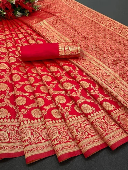 Red color soft banarasi silk saree with golden zari weaving design