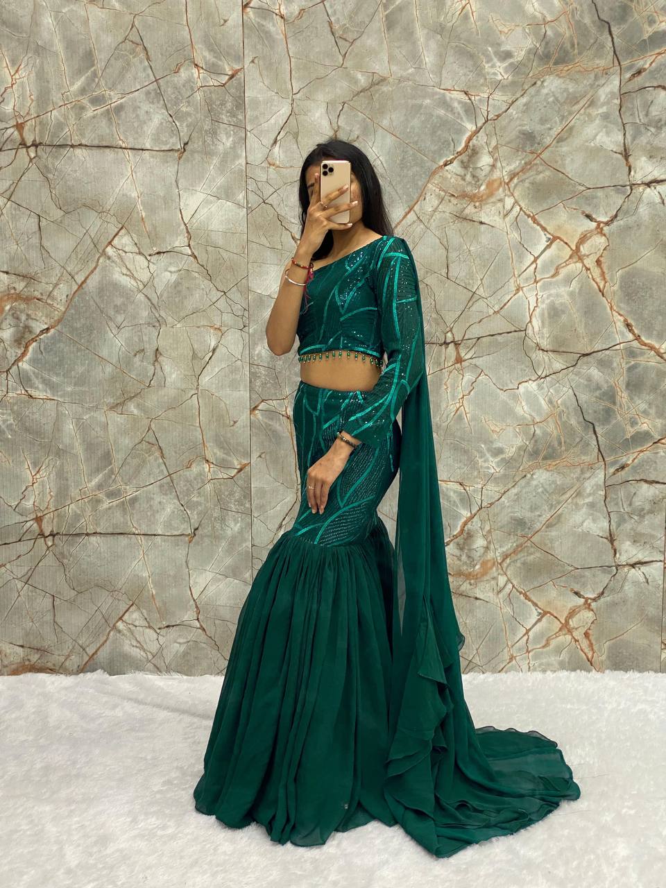 GEORGETTE SEQUENCE WORK AND RUFFLE LEHENGA   AND BLOUSE WITH ATTACHED DUPATTA