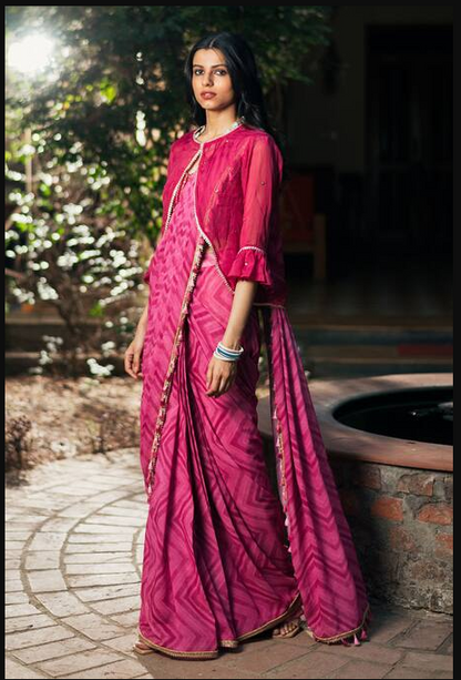 Studio Bagechaa Women Pink Silk Pre-draped Chevron Print Saree And Jacket Set