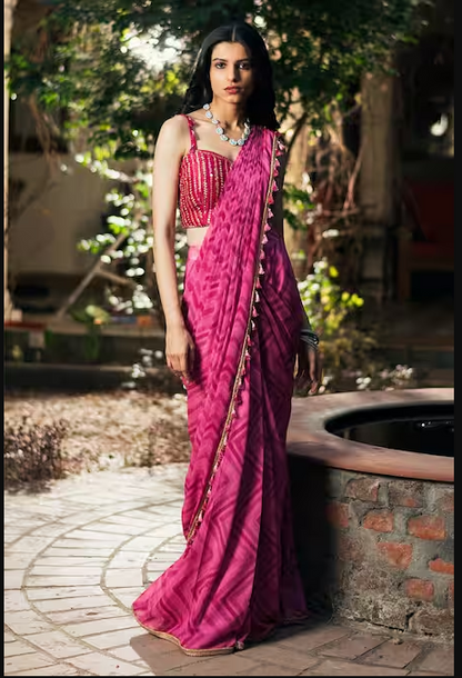 Studio Bagechaa Women Pink Silk Pre-draped Chevron Print Saree And Jacket Set