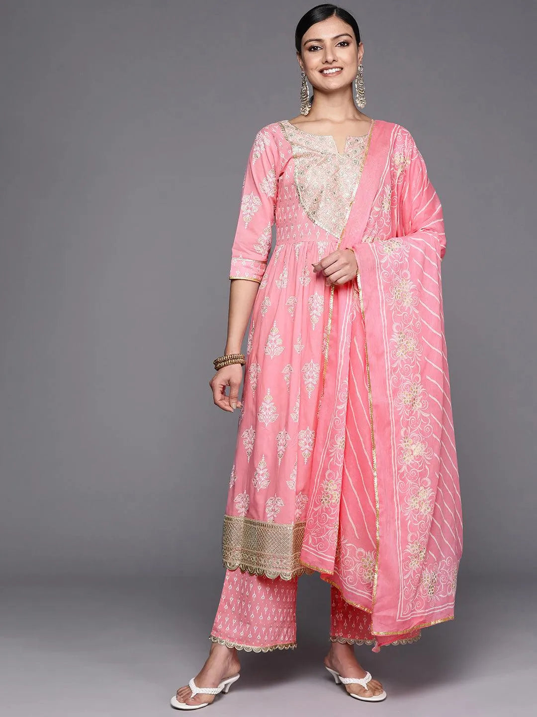 Pink Yoke Design Cotton Anarkali Kurta With Palazzos & Dupatta