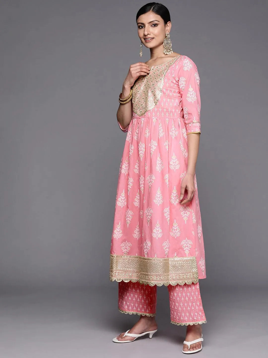 Pink Yoke Design Cotton Anarkali Kurta With Palazzos & Dupatta