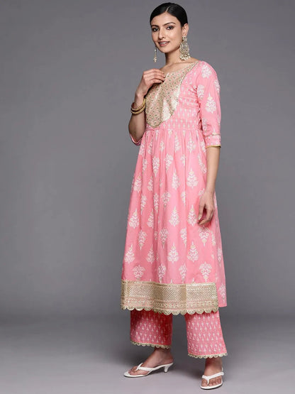 Pink Yoke Design Cotton Anarkali Kurta With Palazzos & Dupatta