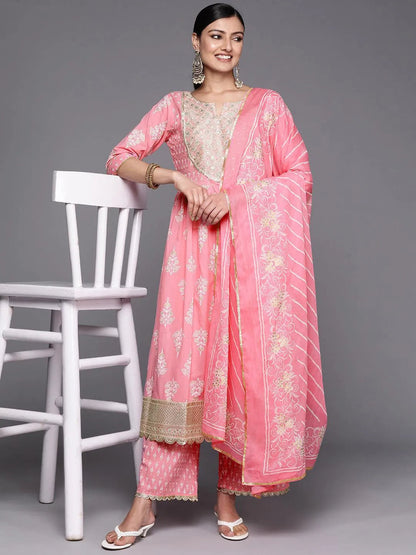 Pink Yoke Design Cotton Anarkali Kurta With Palazzos & Dupatta