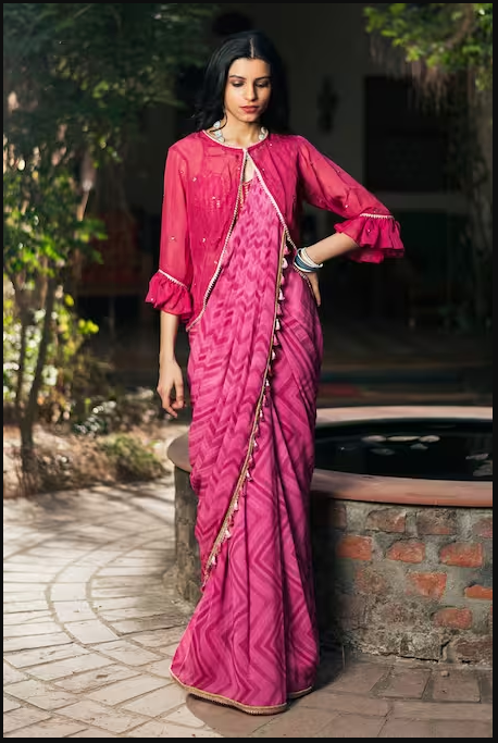 Studio Bagechaa Women Pink Silk Pre-draped Chevron Print Saree And Jacket Set